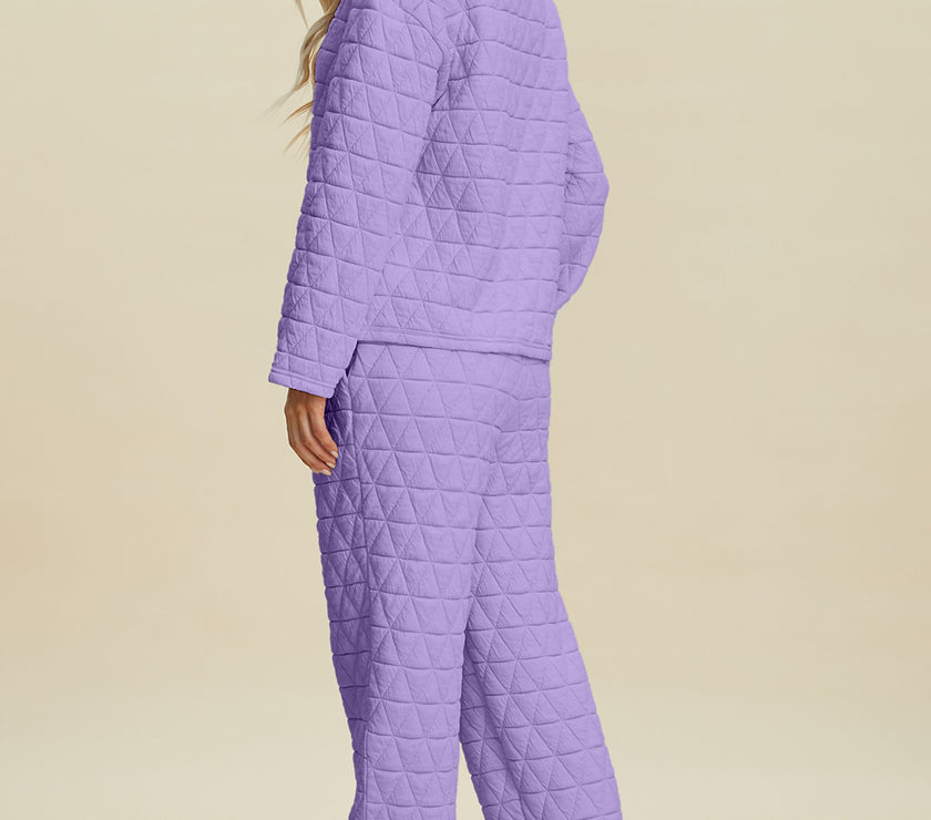 Double Take Full Size Texture Round Neck Long Sleeve Top and Pants Set