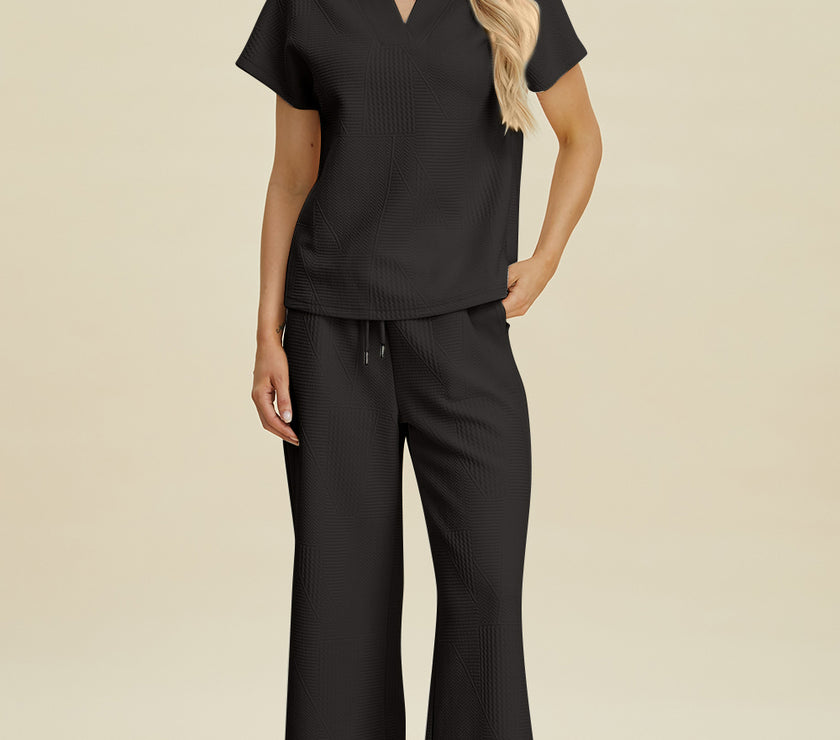 Double Take Full Size Collared Neck Short Sleeve Top and Pants Set