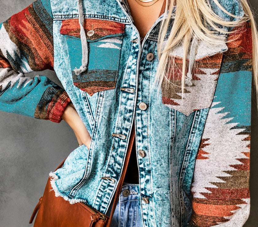 Multicolor Aztec Print Frayed Hem Denim Jacket