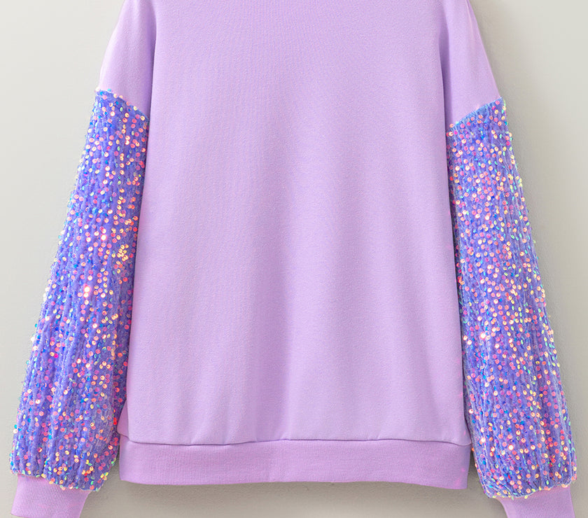 Orchid Petal Sequin Patchwork Long Sleeve Pullover Top