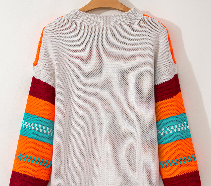 Contrast Striped Round Neck Long Sleeve Sweater