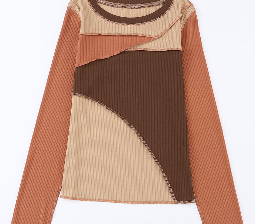 Exposed Seam Contrast Round Neck Long Sleeve T-Shirt