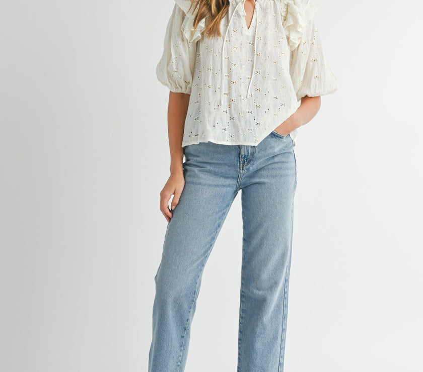 MABLE Eyelet Lace Ruffle Shoulder Puff Sleeve Blouse
