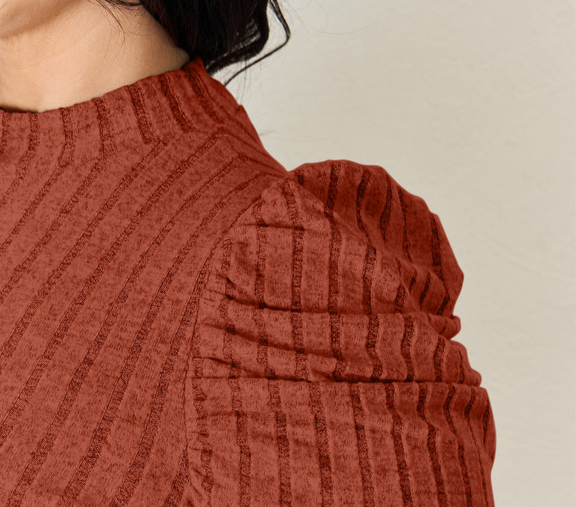 Basic Bae Full Size Ribbed Mock Neck Puff Sleeve T-Shirt