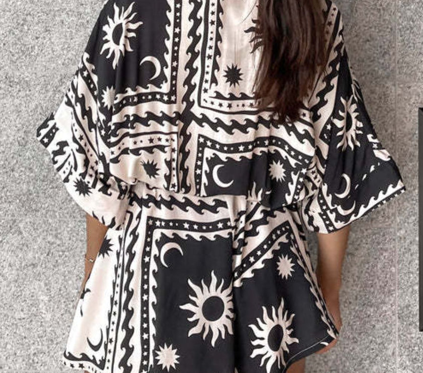 Printed Tie Waist Half Sleeve Romper