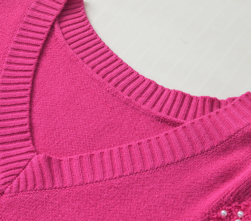 Pearl Trim Heart V-Neck Sweater