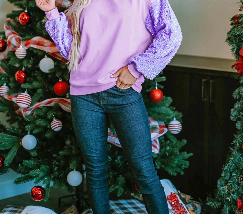 Orchid Petal Sequin Patchwork Long Sleeve Pullover Top