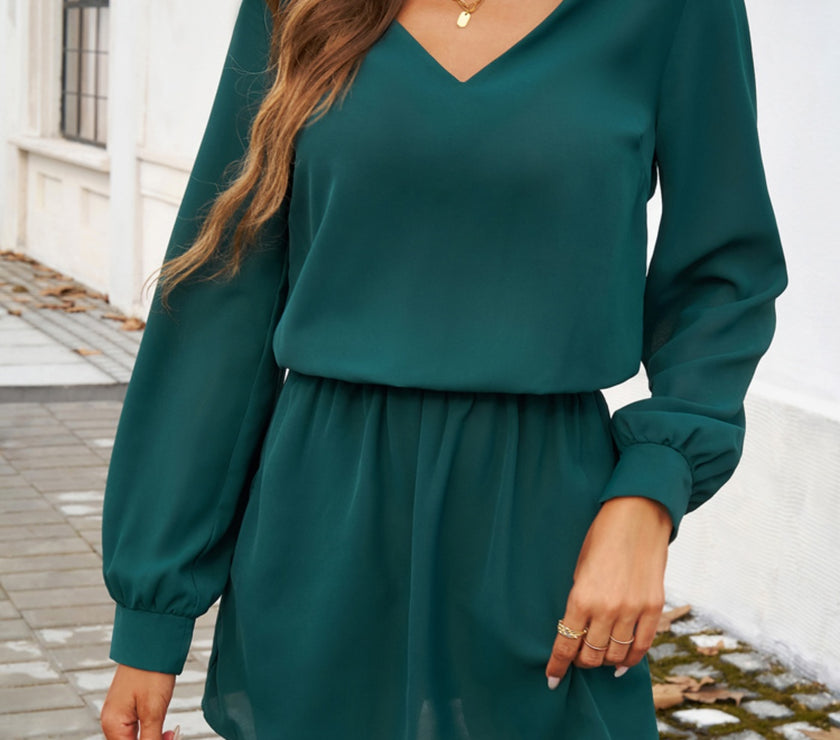 Devine Cutout V-Neck Long Sleeve Mini Dress