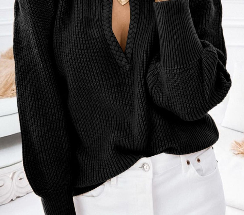 Solid Color Notched Long Sleeve Sweater