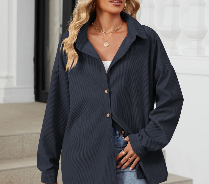 Collared Neck Long Sleeve Dropped Shoulder Shirt