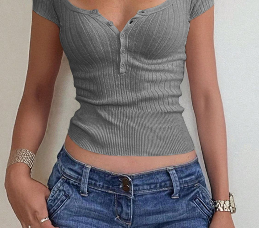 Half Button Scoop Neck Short Sleeve Knit Top