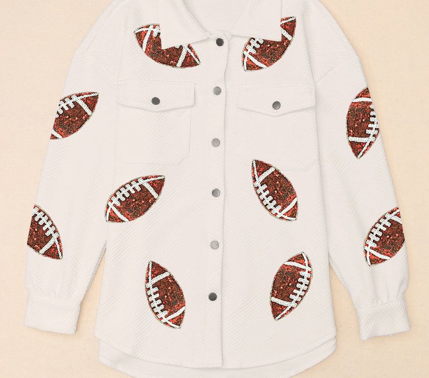 Sequin Football Patch Collared Neck Snap Button Jacket