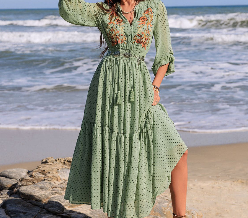 Embroidered Polka Dot Tie Neck Long Sleeve Midi Dress