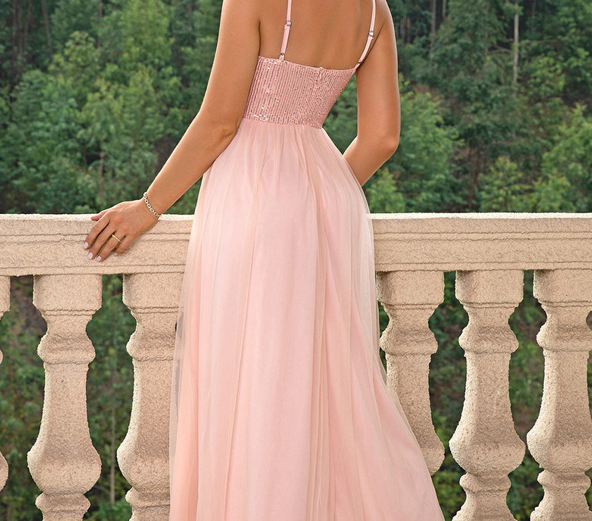 Spaghetti Strap Slit Mesh Dress