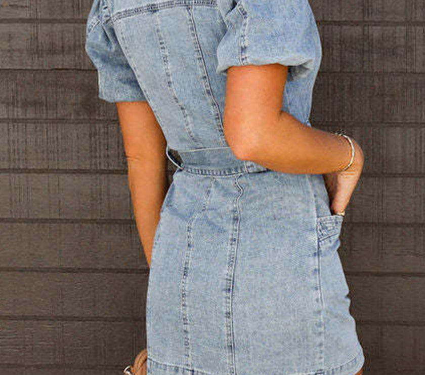 Puff Sleeve Button Up Mini Denim Dress