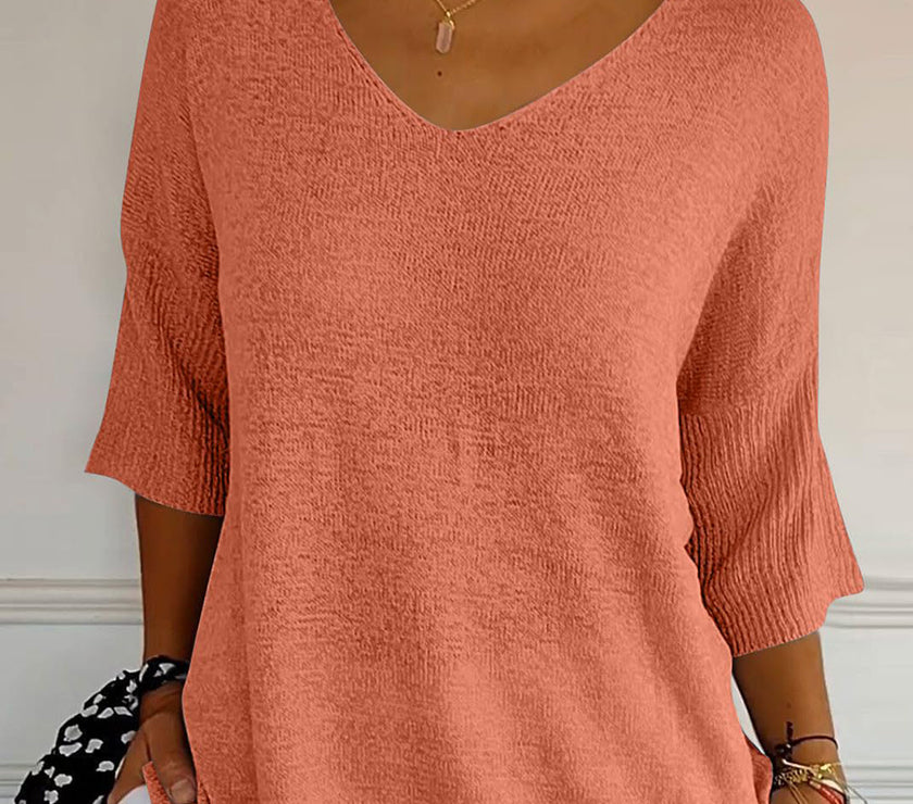 V-Neck Three-Quarter Sleeve Knit Top