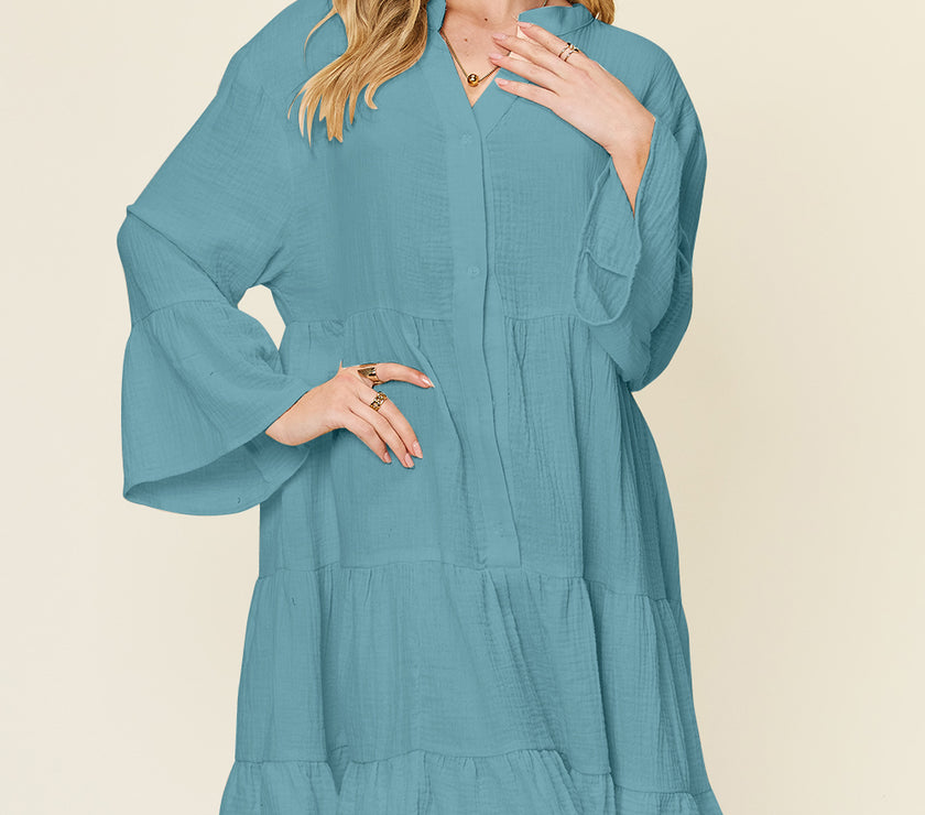 Double Take Full Size Texture Button Up Ruffle Hem Dress