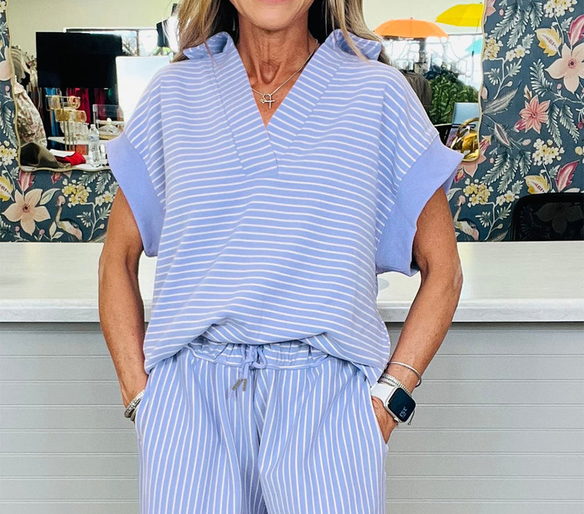 Sky Blue Stripe Dolman Sleeve Polo Shirt and Drawstring Shorts Set