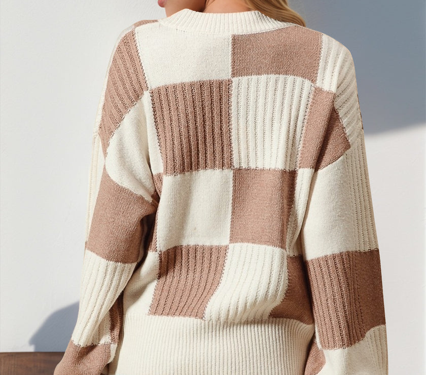 Double Take Full Size Checkered Dropped Shoulder Cardigan