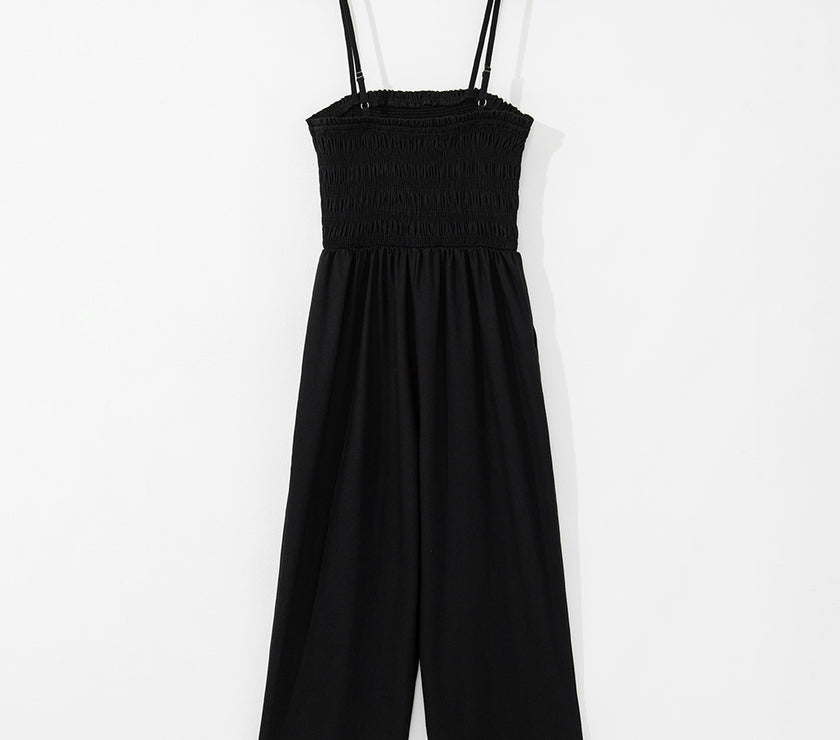 Black Spaghetti Straps Shirred Bodice Pocketed Wide Leg Jumpsuit