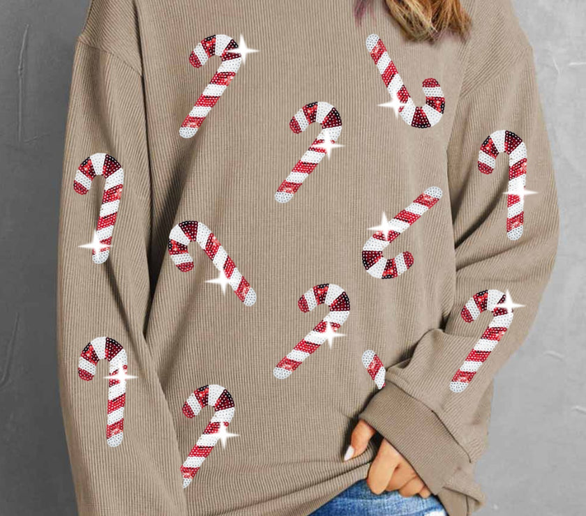 Sequin Candy Cane Round Neck Sweatshirt