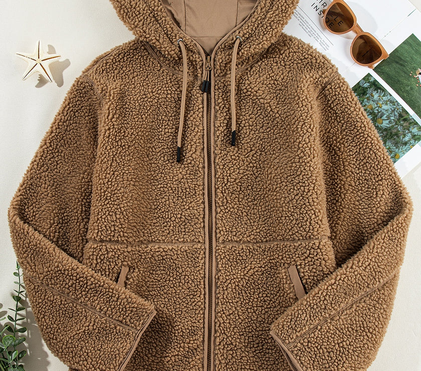 Drawstring Fleece Zip Up Hooded Jacket