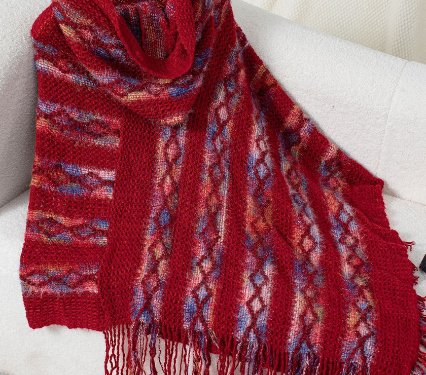 Fringe Contrast Hooded Poncho