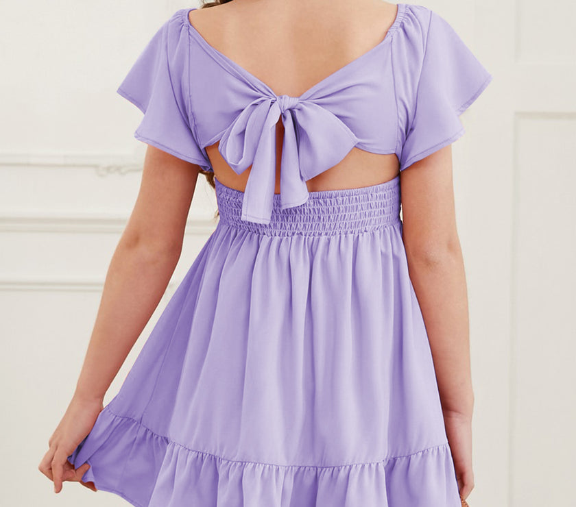 Ruffle Hem Tie-Back Flutter Sleeve Dress