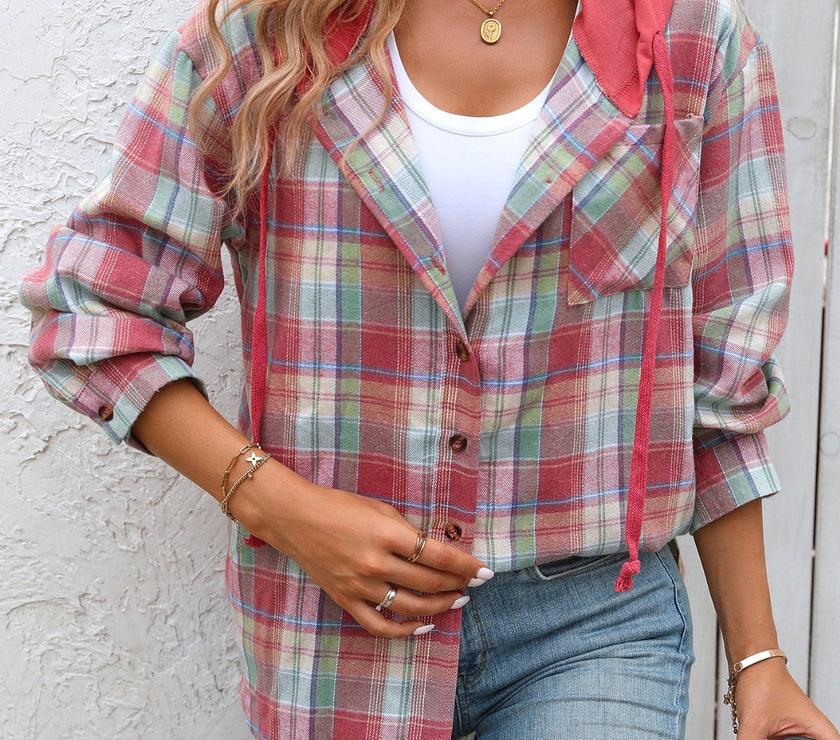 Plaid Long Sleeve Hooded Jacket