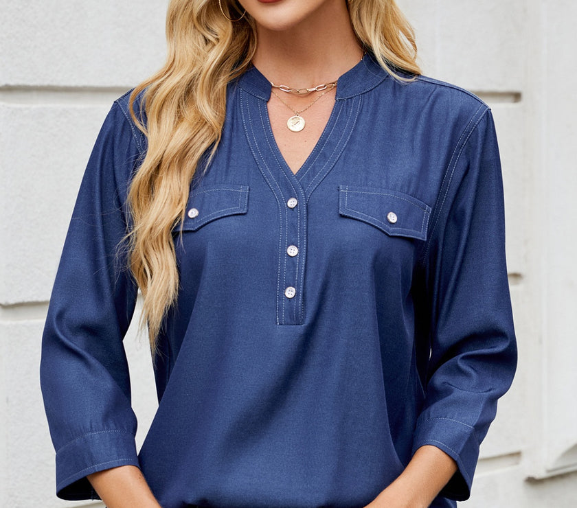 Notched Three-Quarter Sleeve Denim Top