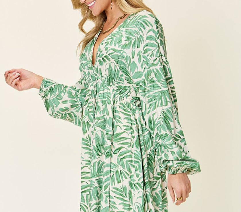 Double Take Full Size Printed Ruched Balloon Sleeve Dress