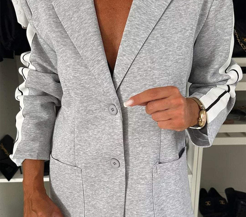 Full Size Contrast Lapel Collar Top and Pants Set