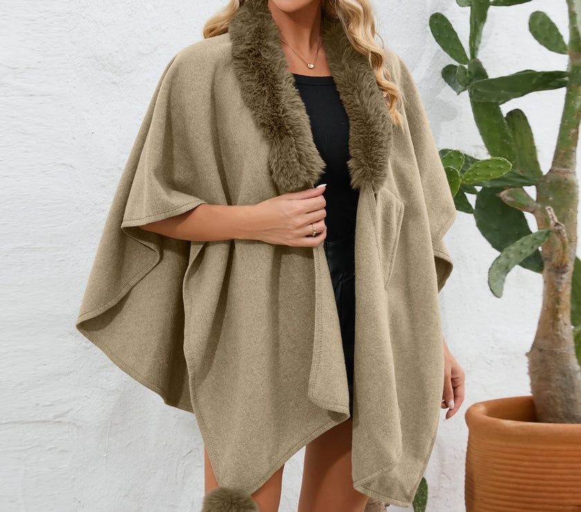 Fuzzy Trim Open Front Poncho