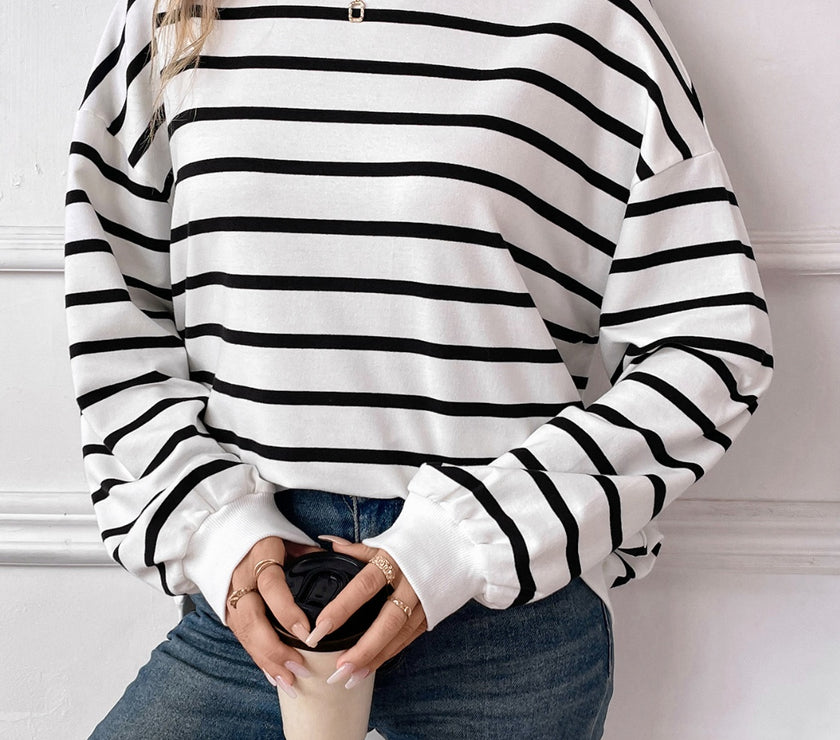 Lovelet Striped Round Neck Long Sleeve Sweatshirt