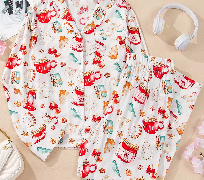 Printed Collared Neck Top and Pants Lounge Set