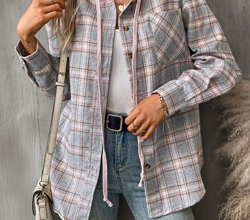 Plaid Long Sleeve Hooded Jacket