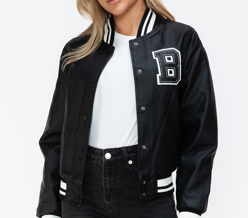 Love Me Now PU Leather Contrast Snap Down Bomber Jacket