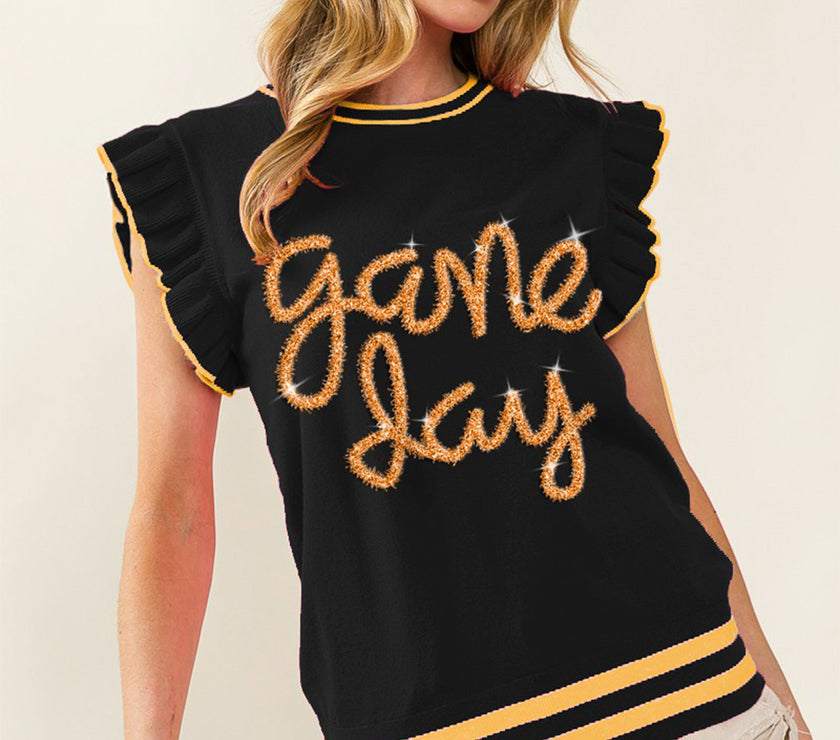 BiBi Game Day Letter Contrast Trim Ruffled Sleeveless Sweater