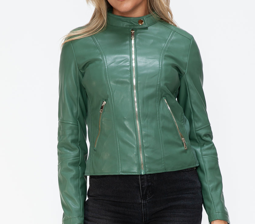 Snobbish Faux Leather Zip Up Drawstring Hooded Jacket