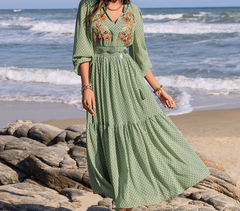 Embroidered Polka Dot Tie Neck Long Sleeve Midi Dress