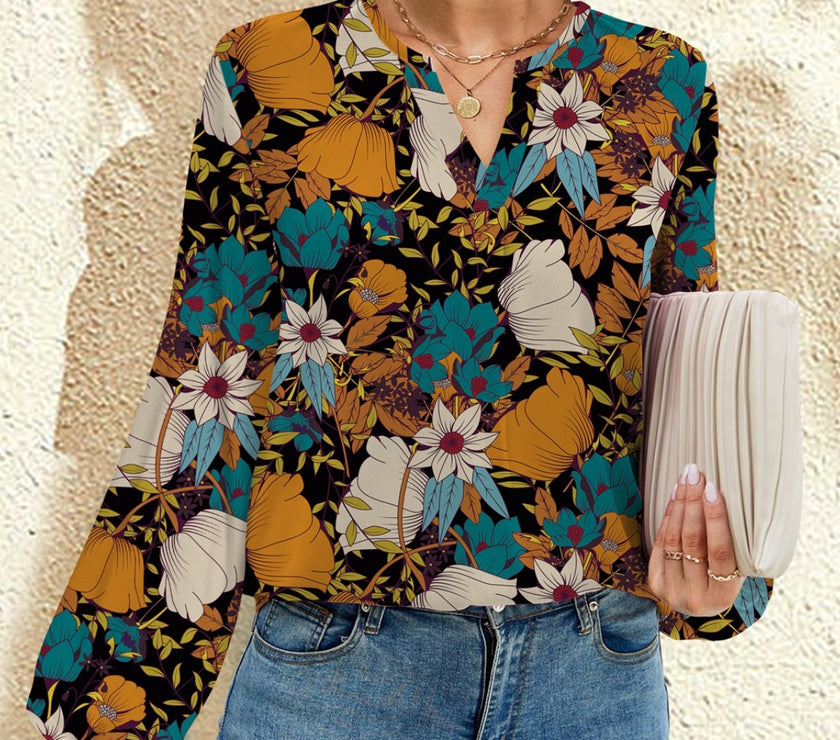 FAM-FAM Printed Notched Long Sleeve Blouse