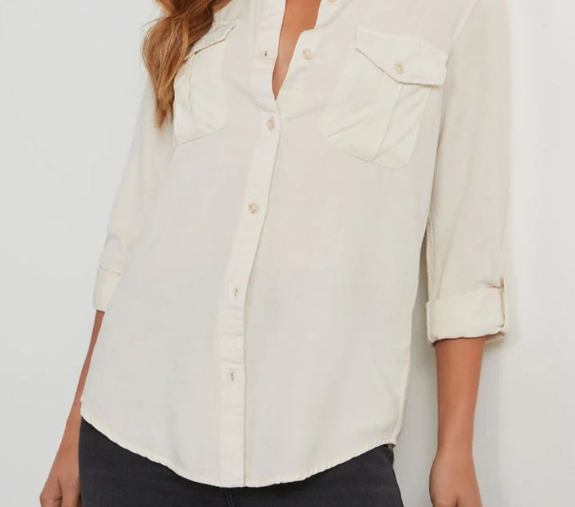 Collared Neck Roll-Tab Sleeve Denim Top