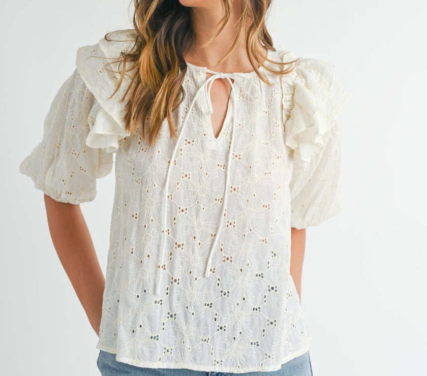 MABLE Eyelet Lace Ruffle Shoulder Puff Sleeve Blouse