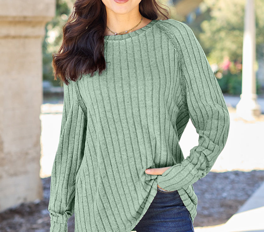 Basic Bae Full Size Ribbed Round Neck Long Sleeve Knit Top