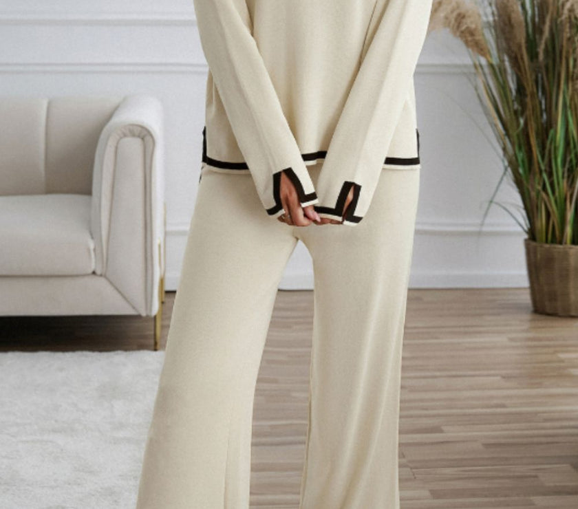 Contrast Trim Round Neck Top and Pants Sweater Set