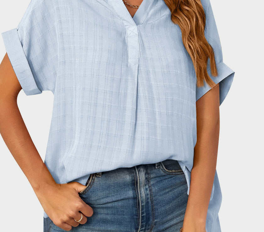 Mandy Side Slit Notched Short Sleeve Blouse