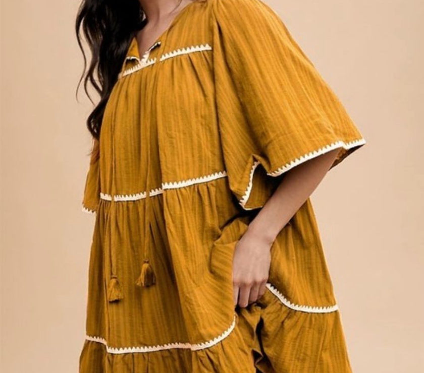 Annie Wear Tassel Contrast Trim Tie Neck Half Sleeve Tiered Dress