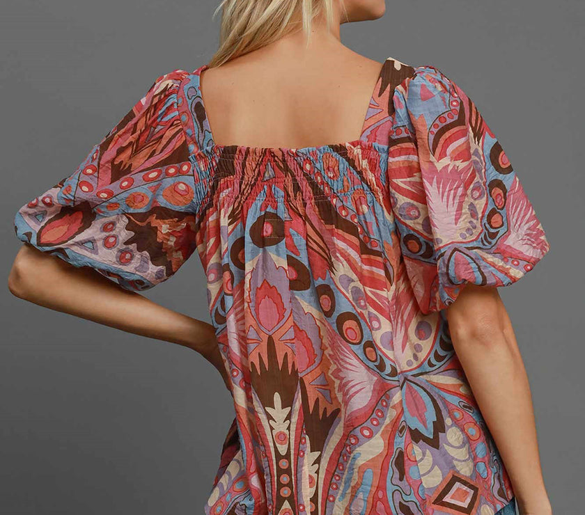 Umgee Full Size Abstract Print Smocked Square Neck Puff Sleeve Blouse