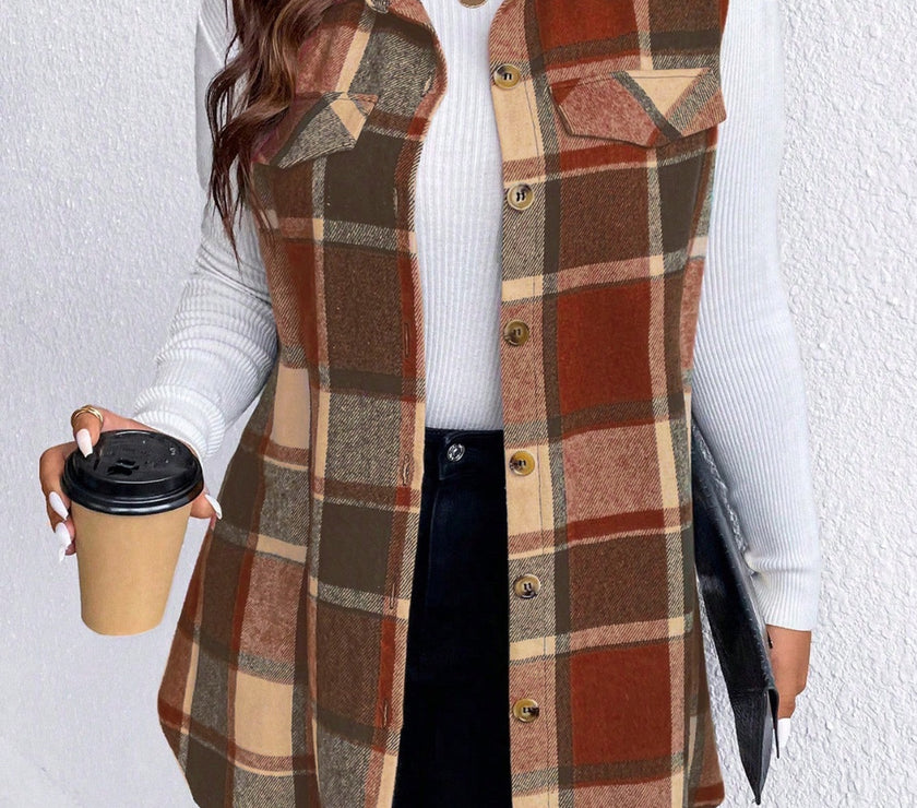 Honey Plus Size Pocketed Plaid Button Up Vest Coat