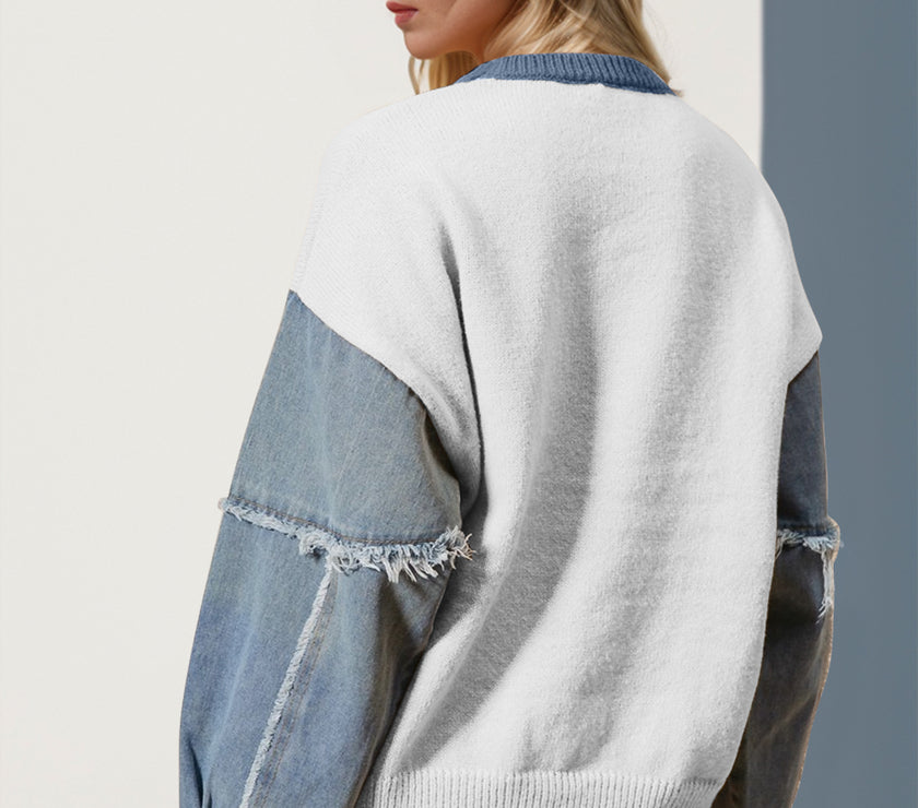 Double Take Full Size Star Pattern Raw Edge Long Sleeve Sweater